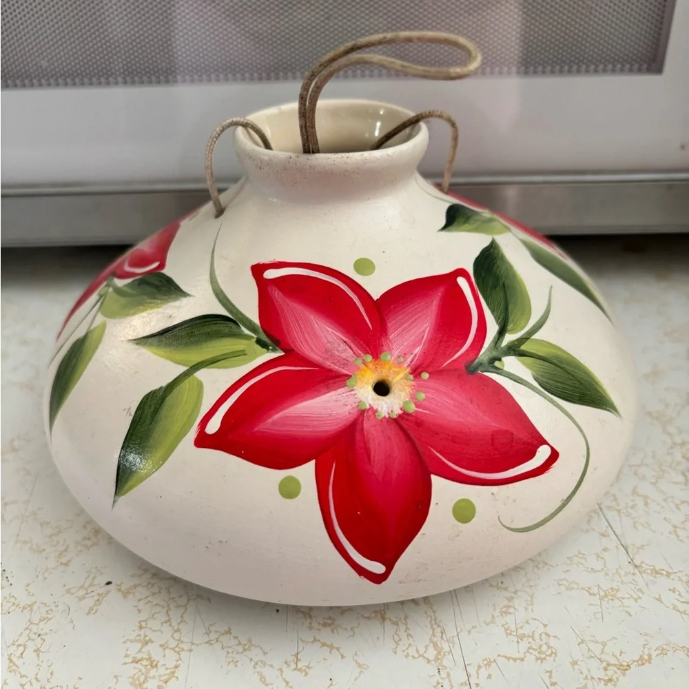Floral Red Posy Ceramic Hummingbird Feeder Handmade & Painted, Signed by Artist